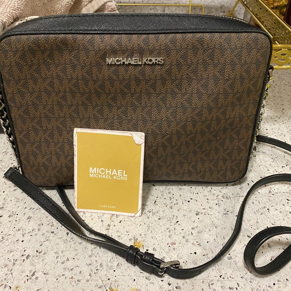 Michael Kors Brown and Black Messenger Bag with Signature Monogram